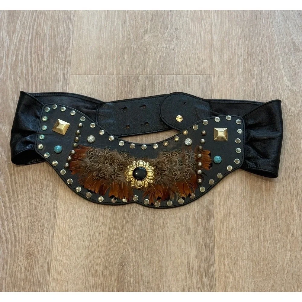 Vintage 1980s Boho Western Genuine Leather Feathered Statement Waist Belt